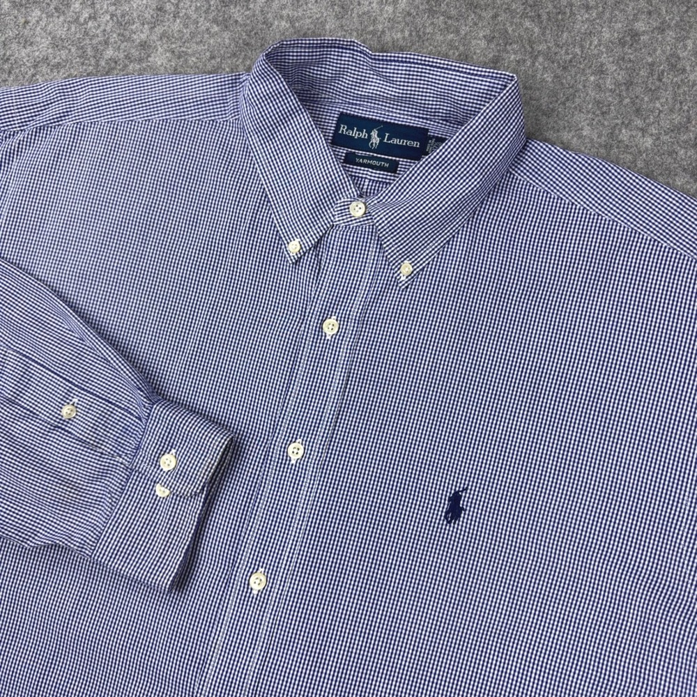 Ralph Lauren Shirt Mens 17.5 36/37 Blue Yarmouth Gingham Button Down Dress Y2K